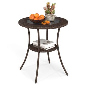 PE Wicker Patio Bistro Table Round with Tempered Glass Top and Shelf