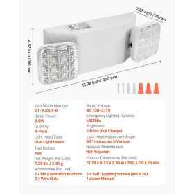 6 Pack Emergency Lights For Business, With Battery Backup, Commercial LED Emergency Exit Lighting Fixtures, AC 120/277V, With Two Square Head Adj (Option: Black)