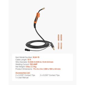150A MIG Welding Gun With 15FT Cable, Replacement For Miller M-15/M-150 (249041) - With 5PCS Mig Welding Contact Tips (Option: Black)
